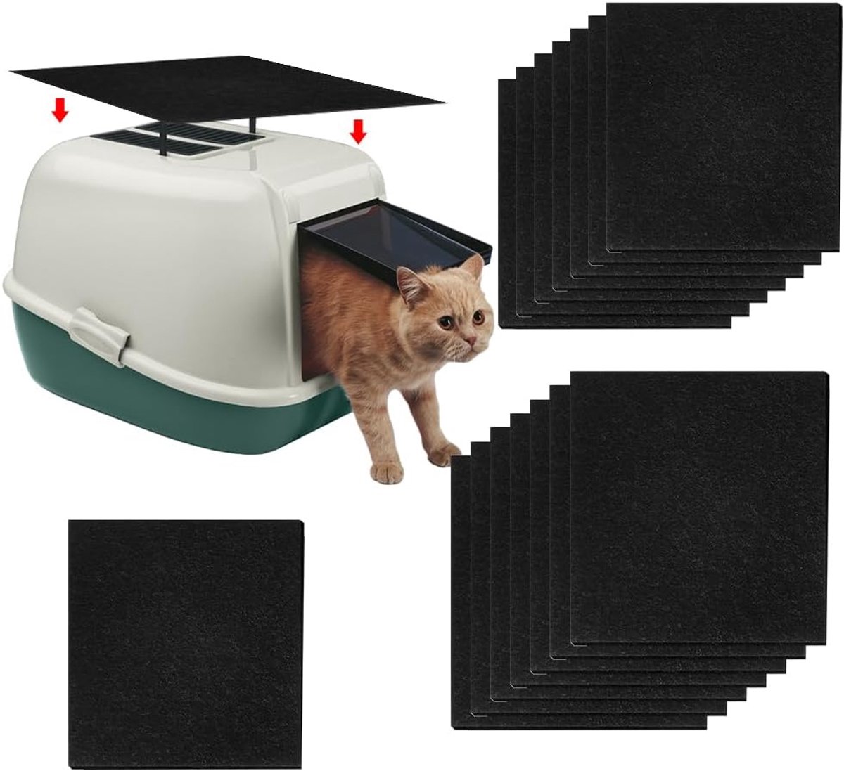 Koolstoffilter voor kattenbak, vervangende kattenbakfilters, kattenbakpannen, geurkoolstoffilters, actieve koolfiltermat, geurbestrijding en luchtzuivering, 10,5 x 11,5 cm, 15 stuks