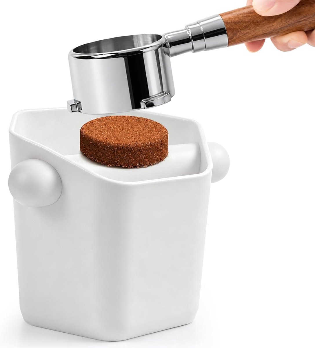 Afklopcontainer voor zeefdrager, koffieklopbox, koffiezetapparaat, afklopbox met afneembare klopstaaf, Knock Box voor koffiecup met antislip onderkant, espressoklopbox, schokdempend, wit