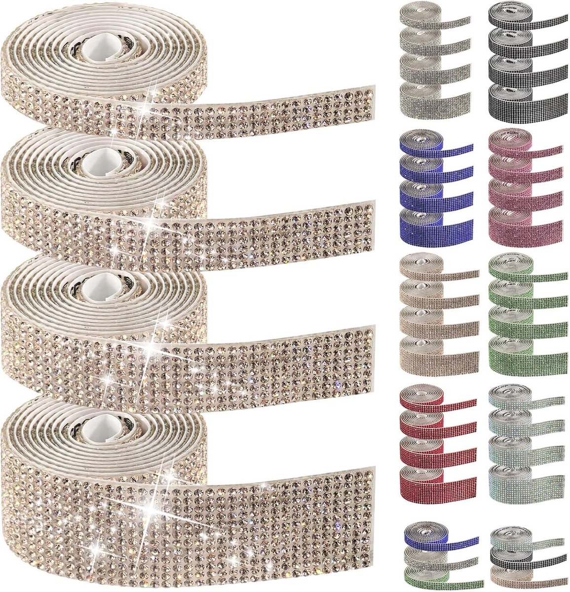 4 rollen, 4 maten, champagne, zelfklevende strass-linten, strepen, bling-kristal, diamantsteentjes, rol voor knutselen, telefoondecoratie