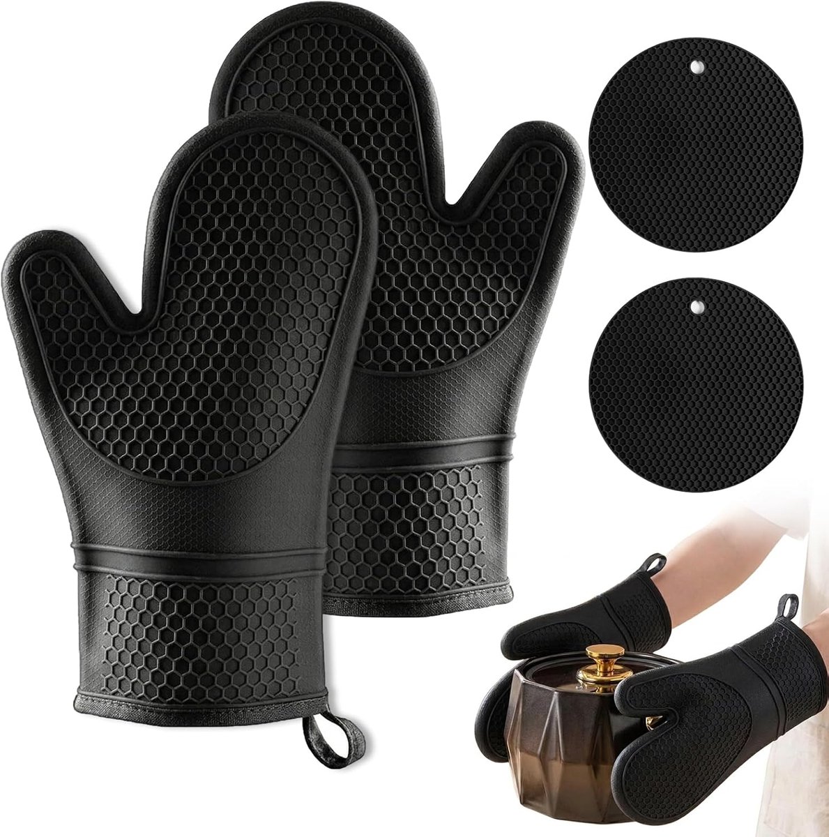Ovenwanten en pannenlappen set met 4 stuks siliconen keukenwanten hittebestendig tot 230 °C met honingraatstructuur voor koken, grillen en koken