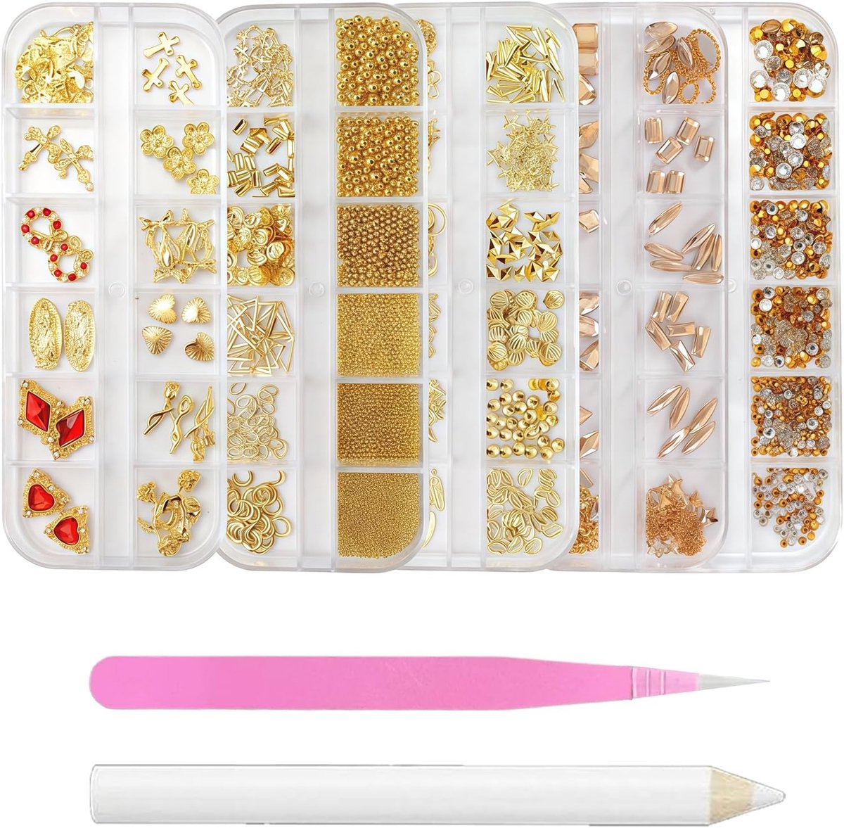 4000+ stuks gouden nagelkunst steentjes en bedels kit, 5 dozen 60 roosters professionele bedazzling set met pincet en waspen, gemengde metalen sterren manen kruisen kettingen voor