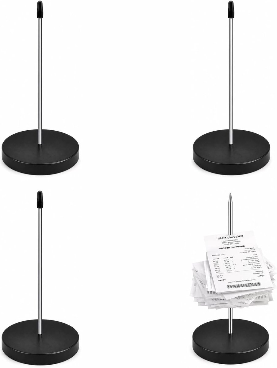 4 stuks notitiebesjes, zwart, 14 cm, bonspies, roestvrij staal, ronde voet, kassabonhouder, opslag, kassabonnen, spiesen, restaurant, bar, kantoor, notitiethouderset met rubberen dop