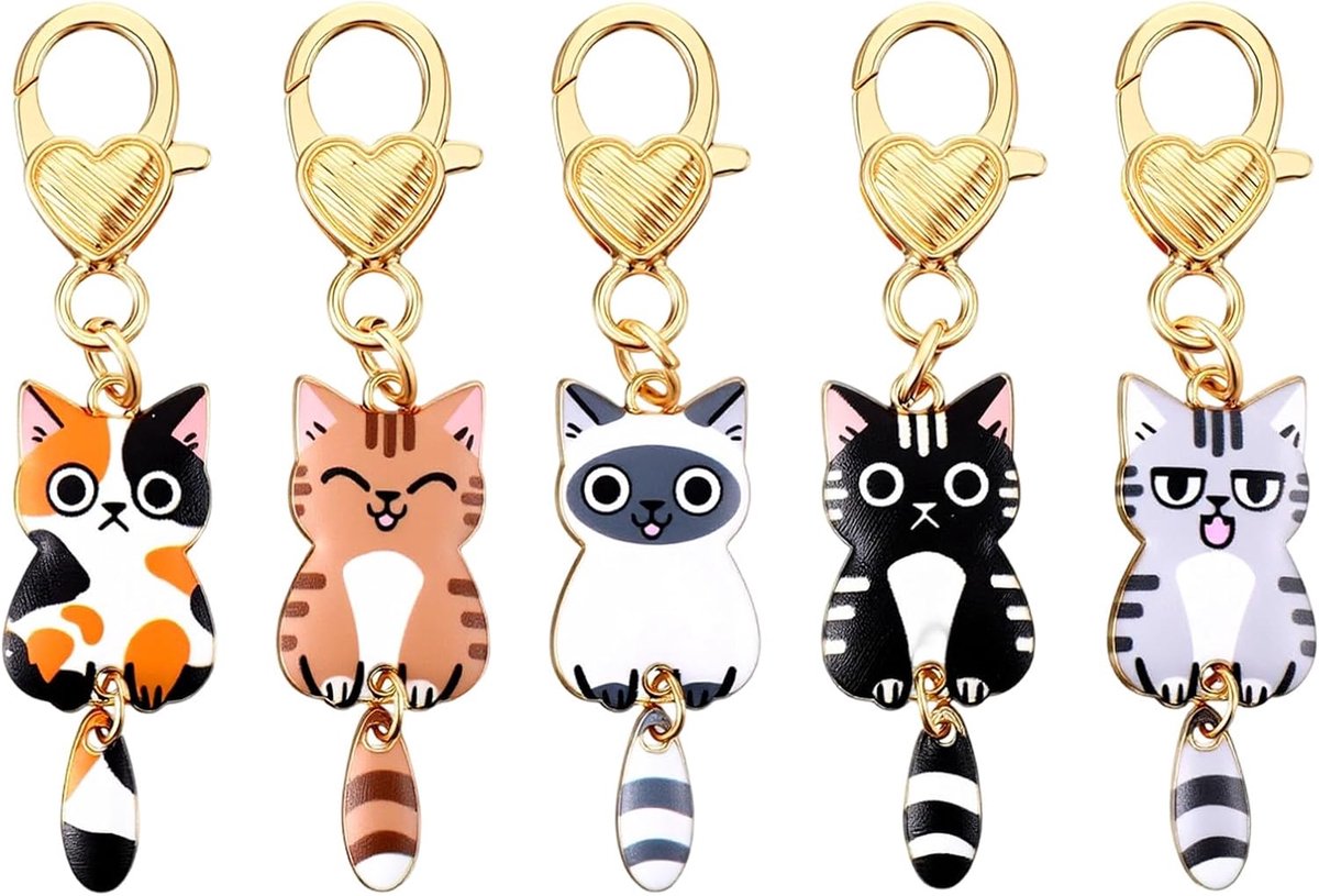 5 stuks sleutelhanger kat, schattige katten, sleutelhanger, mini-sleutelhanger, cadeaus voor kattenliefhebbers, cadeaus met kattenmotief, voor vrouwen, verjaardagscadeau