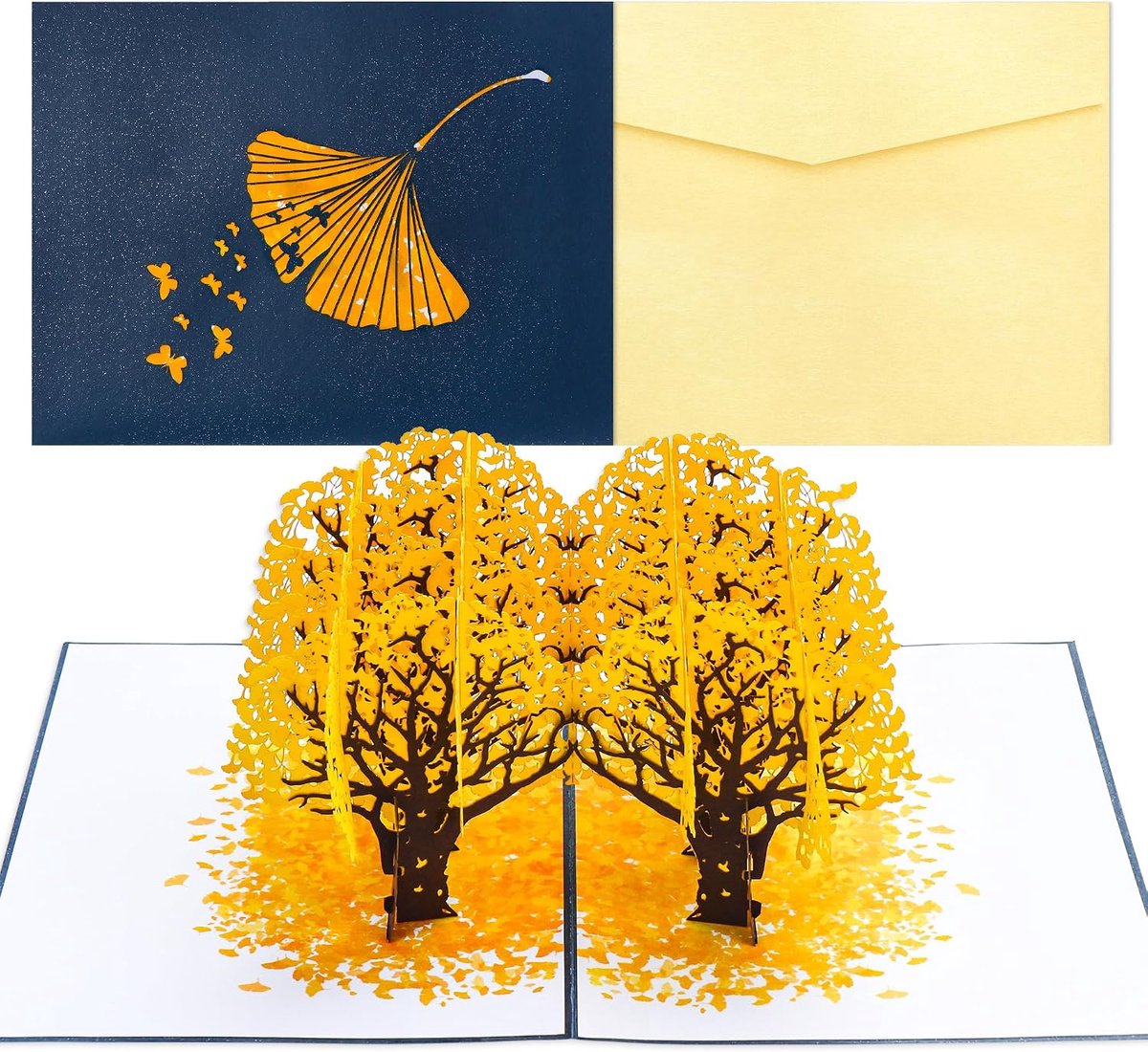 Verjaardagskaart pop-up ginkgo bos 3D wenskaart met envelop voor verjaardag, pensioen, bruiloften, festivals, feesten als goed cadeau