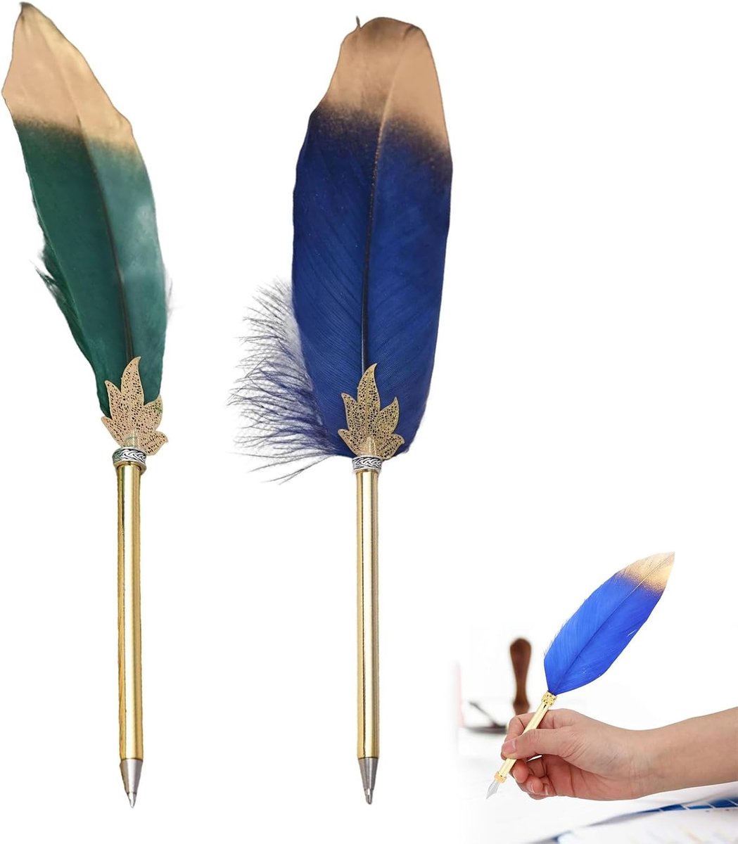 Pen Quill, Vintage Veer Quill Pen, Pennenpen, Pen Houder voor Gast Handtekening Bruiloft Bruids Kantoor Schrijven, Retro pennen (Blauw + Groen)