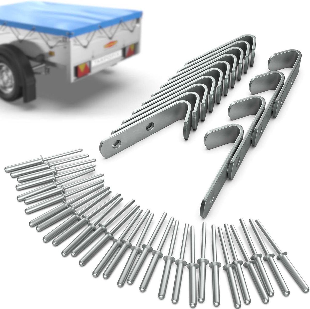 Dekzeilhaken, nethaken incl. klinknagels voor aanhangers, zeildoek (20 stuks), duurzame spanhaken van verzinkt staal, robuuste bevestigingshaken voor personenauto's, aanhangers, boordwand