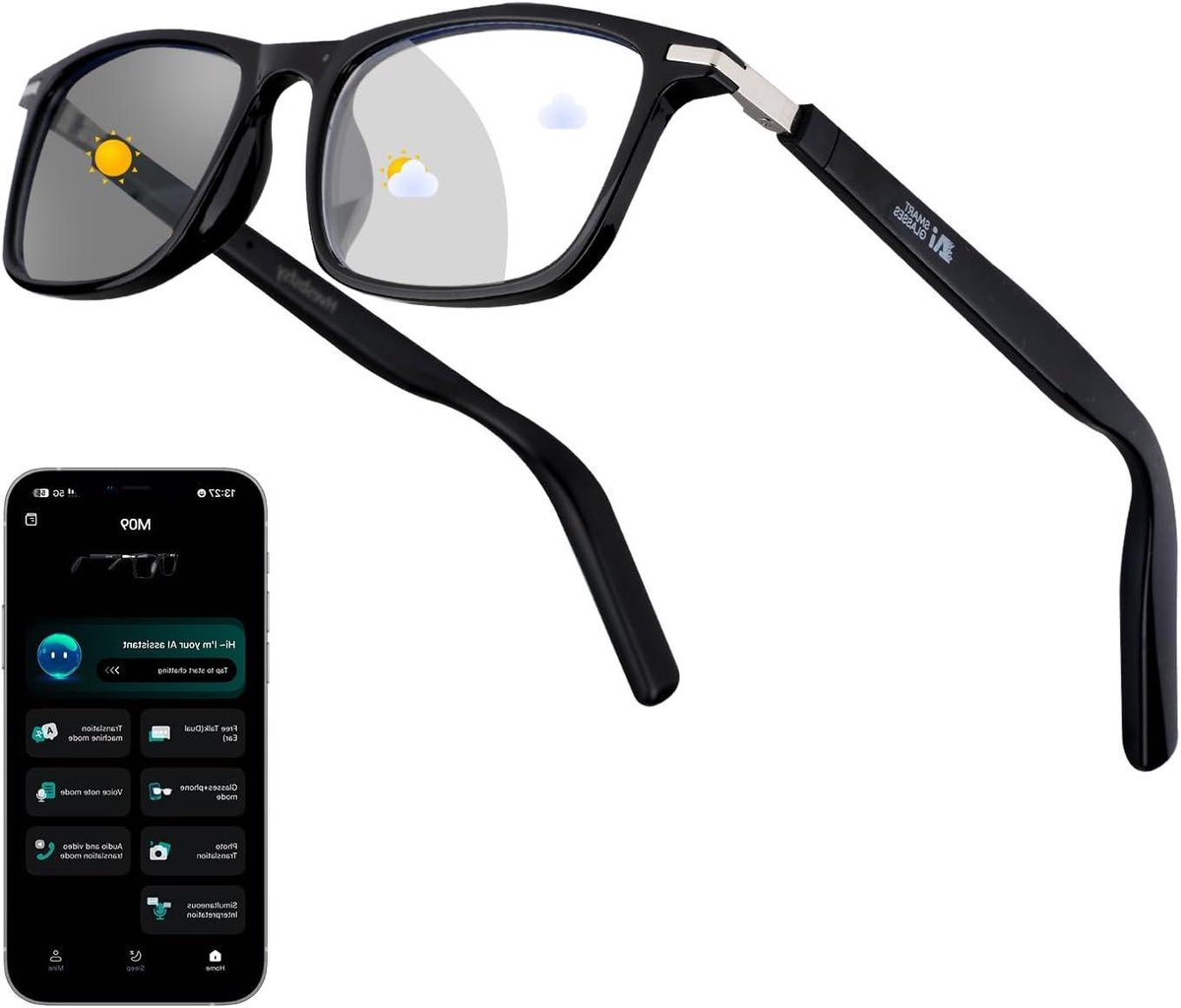AI Smart Bril - Vertaalbril Bluetooth - Communicatie en Muziek - 164 Talen Realtime Vertaling - 30 gram - Grijs