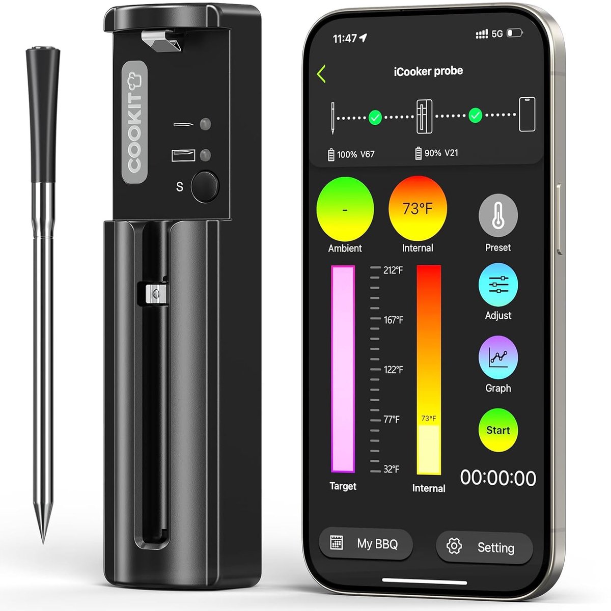 SnelShoppen - Draadloze Vleesthermometer met Bluetooth, App Monitoring, Alarm, Waterdicht, Multi-Sensor, Slimme Grillthermometer voor BBQ, Oven, Grill