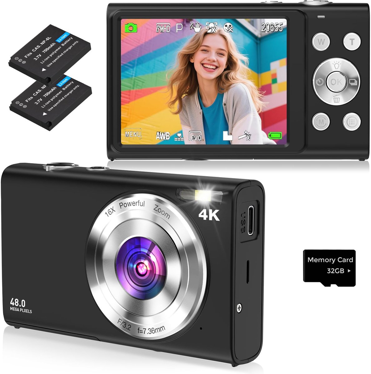 SnelShoppen - Digitale Camera 4K Autofocus met 32G SD Kaart, 48MP HD, 2.8 Inch Scherm, 16x Digitale Zoom, Compact en Draagbaar voor Volwassenen en Beg