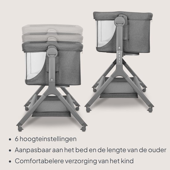 Grijze co-sleeper met verstelbare hoogte in 6 niveaus, met een transparant zijpaneel. Twee posities getoond.