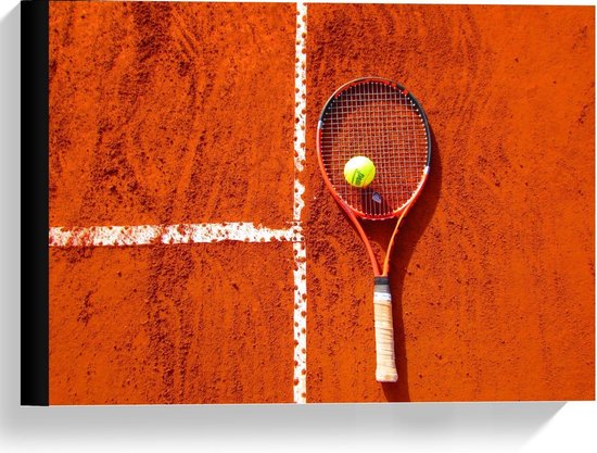 Canvas  - Oranje Tennis Racket / Baan - 40x30cm Foto op Canvas Schilderij (Wanddecoratie op Canvas)
