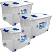 3x Opbergboxen/opbergdozen met deksel en wieltjes 55 liter kunststof transparant/blauw - 59 x 40 x 35 cm - Opbergbakken