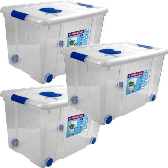 jacht Identiteit Voorkeursbehandeling 3x Opbergboxen/opbergdozen met deksel en wieltjes 55 liter kunststof  transparant/blauw... | bol.com