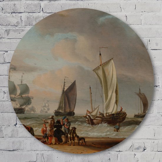 Muurcirkel ⌀ 40 cm - Strandgezicht met boten | Abraham Storck | 1683 - Kunststof Forex - Landschappen - Rond Schilderij - Wandcirkel - Wanddecoratie