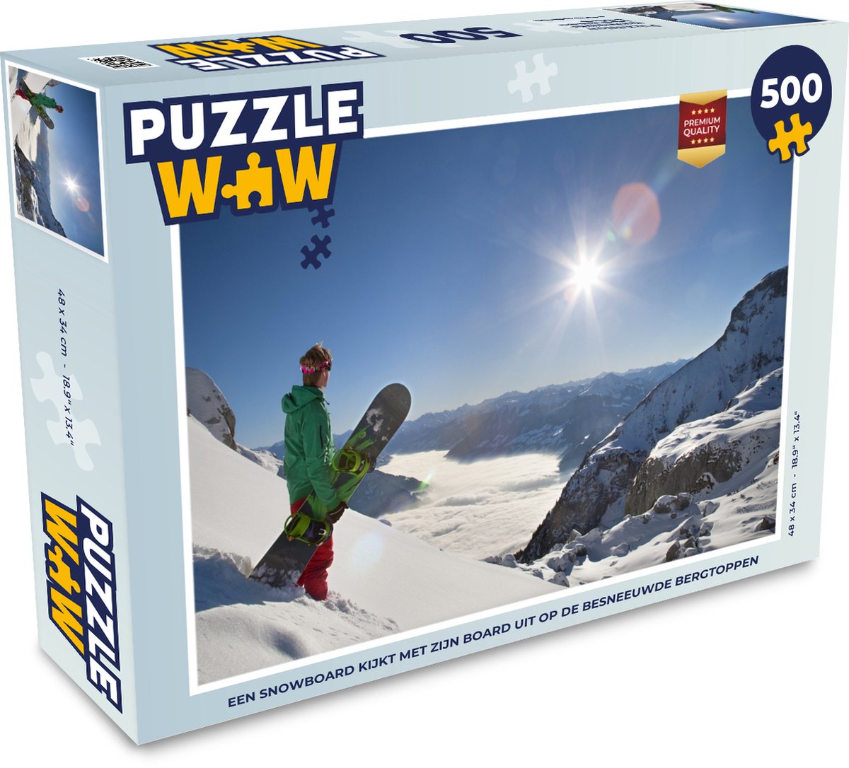 Afbeelding van product Puzzel 500 stukjes Snowboarden - Een snowboard kijkt met zijn board uit op de besneeuwde bergtoppen - PuzzleWow heeft +100000 puzzels