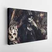 Halloween. A man with a skull makeup dressed in a tail-coat and a top-hat is in the old castle. Baron Saturday. Baron Samedi. Dia de los muertos. Day of The Dead. Old vintage interior. - Modern Art Canvas - Horizontal - 717608200 - 50*40 Horizontal