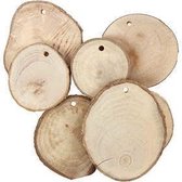 Houten Schijven Met Bast - Boomstamschijfjes - Met Ophangoogje - Hout - Decoratie - Assortiment 4-7cm - Dikte 5mm - 25 Stuks