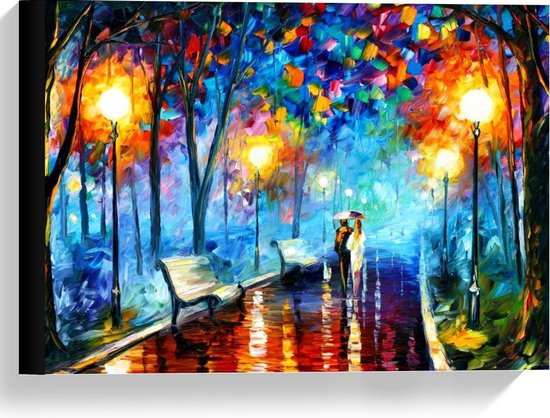 Toile - Peinture aux couleurs vives de Couple sous parapluie
