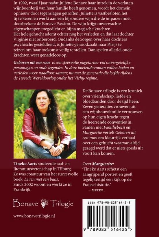 Boekomslag 'Geboren uit een roos' met portret van Tineke Aarts en tekst over het boek en de auteur.