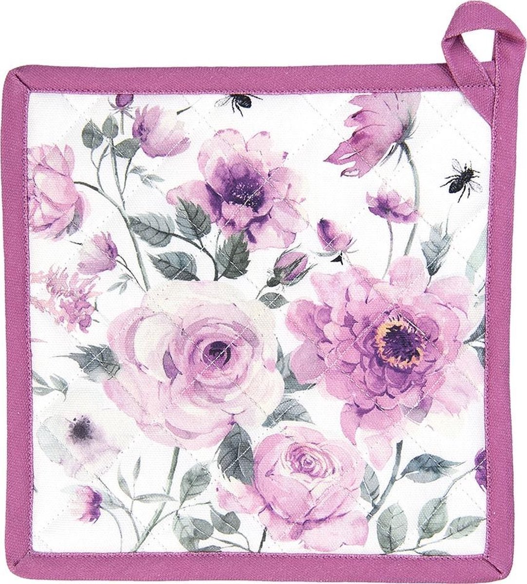Clayre & Eef Pannenlap 20x20 cm Wit Paars Katoen Vierkant Rozen Afgiet Pannenlap