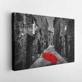 Umbrella on dark narrow street in an old Italian town in Tuscany, Italy. Raining. Black and white with red - Modern Art Canvas  - Horizontal - 370478354 - 80*60 Horizontal