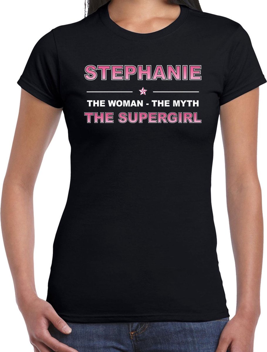 Afbeelding van product Bellatio Decorations  Naam cadeau Stephanie - The woman, The myth the supergirl t-shirt zwart - Shirt verjaardag/ moederdag/ pensioen/ geslaagd/ bedankt XL  - maat XL