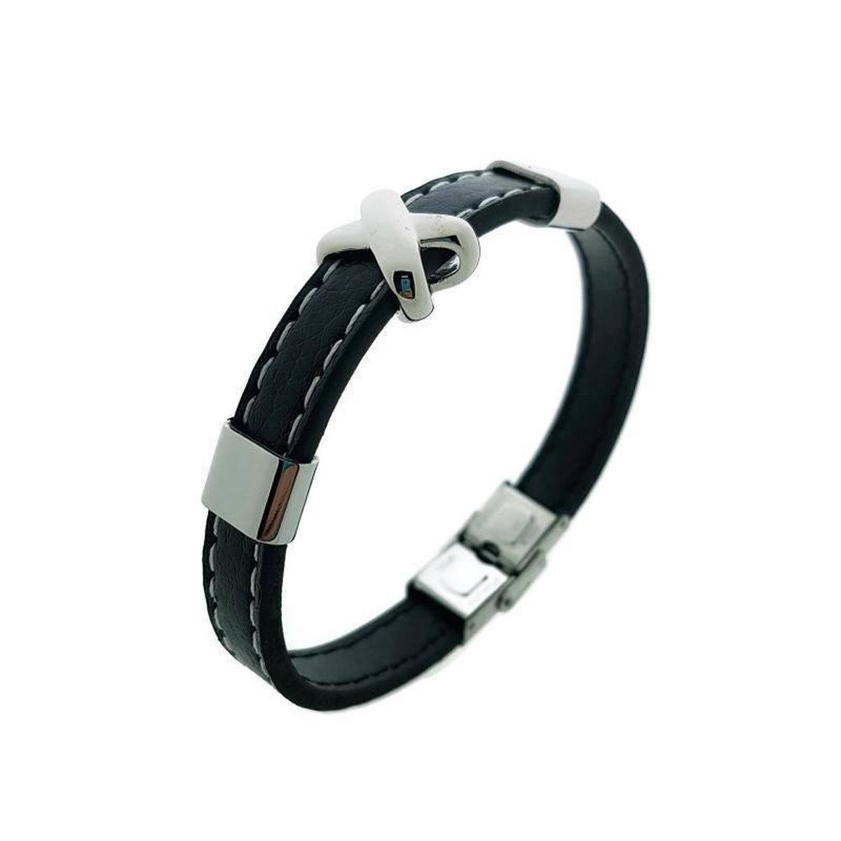 Aramat Jewels | Armbanden | Zwarte Leren Armband Stalen Kruisje – 21cm 10mm Breed 316L RVS | | | |10mm | Leer | Volwassenen | Verkleurd niet