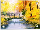 Tuinposter – Schilderij van een Brug met Gele Bomen - 40x30cm Foto op Tuinposter  (wanddecoratie voor buiten en binnen)