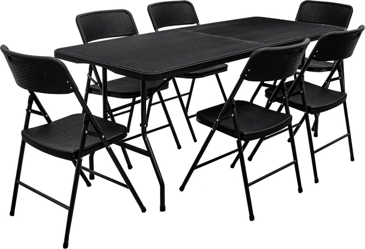 Tuinzitgroep - 180 cm Tafel met 6 Stoelen - Tuinmeubelset in rotan-look - Klapbaar Kunststof