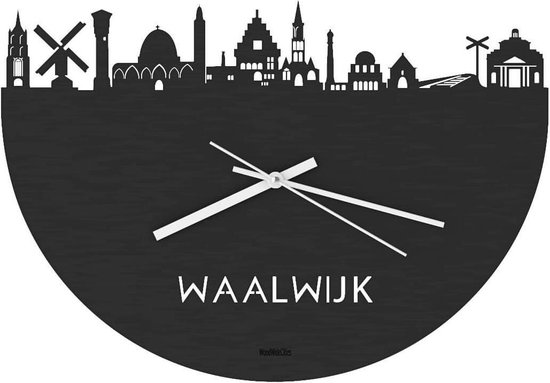 Skyline Klok Waalwijk Zwart hout - Ø 40 cm - Stil uurwerk - Wanddecoratie - Meer steden beschikbaar - Woonkamer idee - Woondecoratie - City Art - Steden kunst - Cadeau voor hem - Cadeau voor haar - Jubileum - Trouwerij - Housewarming - WoodWideCities