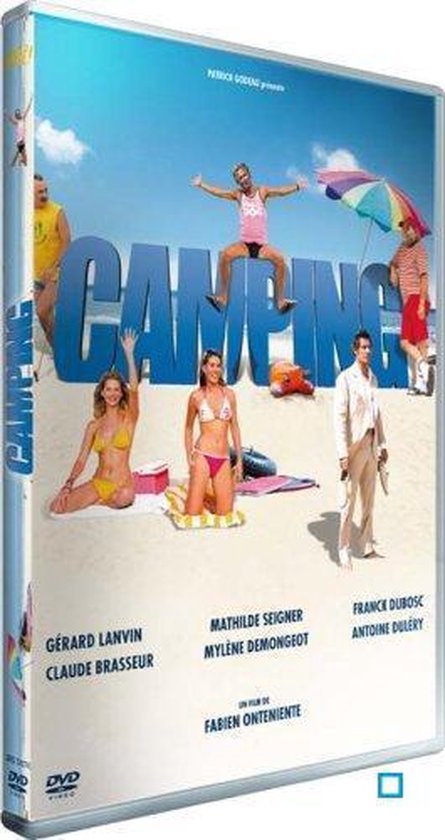 Dvd-hoes met de titel CAMPING, met een groep mensen op een strand.