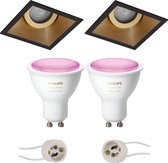 Pragmi Zano Pro - Inbouw Vierkant - Mat Zwart/Goud - Kantelbaar - 93mm - Philips Hue - LED Spot Set GU10 - White and Color Ambiance - Bluetooth - BSE