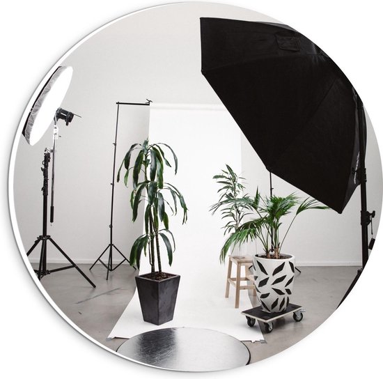 Forex Wandcirkel - Studiolampen met Plantenpot - 20x20cm Foto op Wandcirkel (met ophangsysteem)