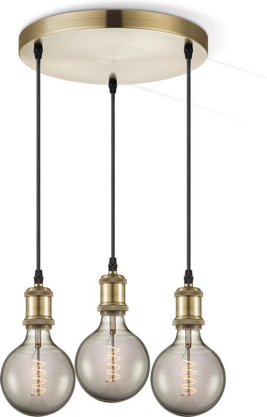 Home Sweet Home hanglamp brons vintage rond Spiraal - hanglamp inclusief 3 LED filament lamp G125 dubbele spiraal - dimbaar - pendel lengte 100 cm - inclusief E27 LED lamp - rook