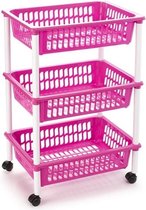 Opberg trolley/roltafel/organizer met 3 manden 40 x 30 x 61,5 cm wit/roze- Etagewagentje/karretje met opbergkratten