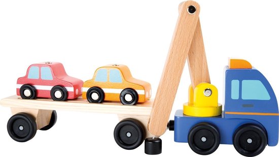 Houten speelgoed auto met aanhanger - Auto Transporteur met laad kraan en  aanhanger -... | bol.com