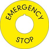 Noodstop sticker, Emergency stop, geel, met gat Engels kunststof Ø 60