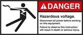 Danger Hazardous voltage disconnect all power sticker, ANSI, 2 per vel 45 x 100 mm