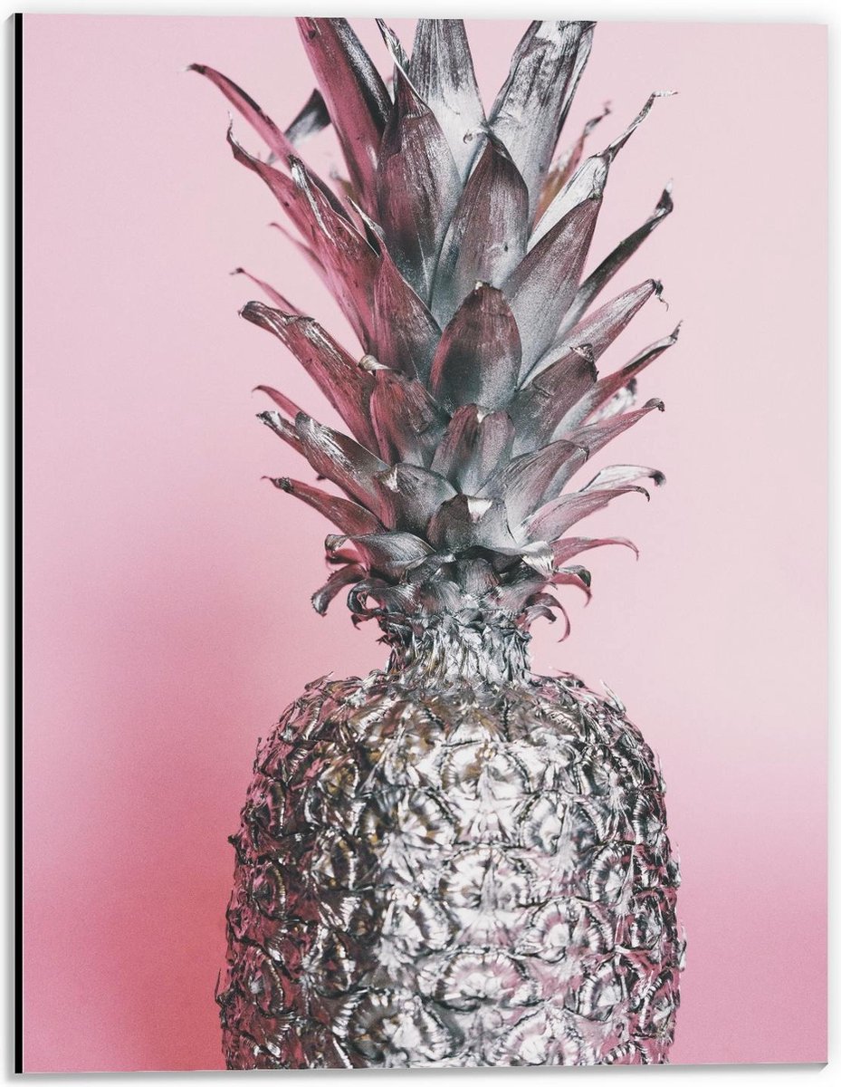 Dibond - Zilveren Ananas met Roze Achtergrond - 30x40cm Foto op Aluminium (Wanddecoratie van metaal)