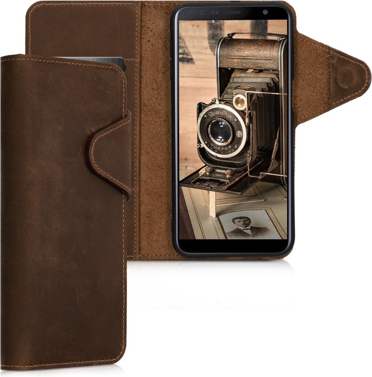 kalibri telefoonhoesje geschikt voor Samsung Galaxy J6+ / J6 Plus DUOS - Hoesje met pasjeshouder en standaard - bruin - Wallet case