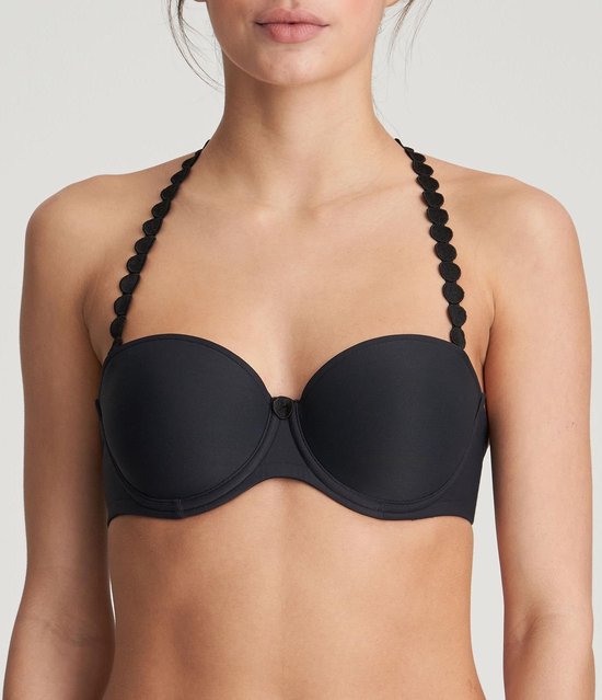 Zwarte strapless bh met decoratieve rand aan de bandjes.