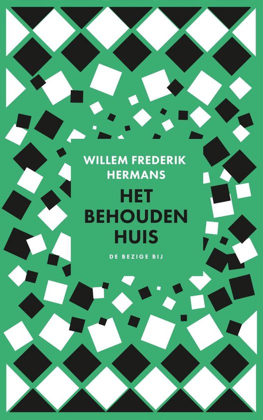 Boek "Het behouden huis" van Willem Frederik Hermans met een groene ruitjes achtergrond en zwarte en witte vierkanten.