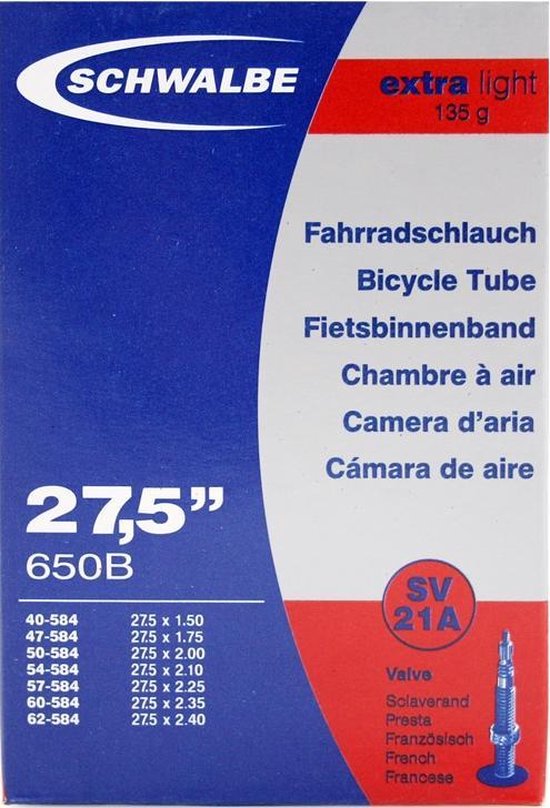 Chambre à Air Schwalbe SV 21 27,5 – Résistante, Fiable, Légère, Pour Vélos Tout-terrain