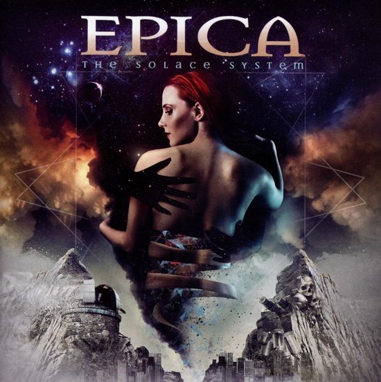 Albumhoes 'The Solace System' van Epica met vrouwelijk figuur en kosmische elementen.