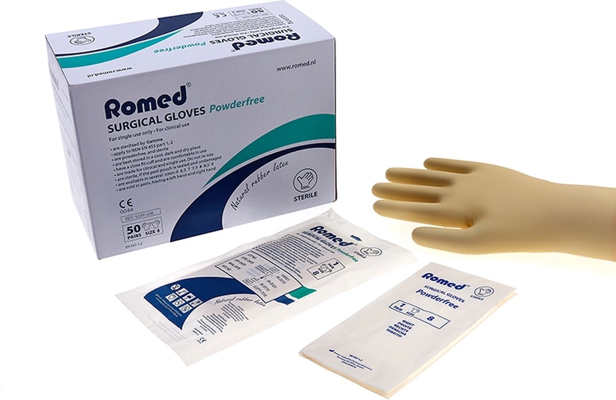 Romed latex operatiehandschoenen poedervrij steriel verpakt Maat 8.0 Romed - Geel - Latex - Steriel verpakt per paar en Poedervrij