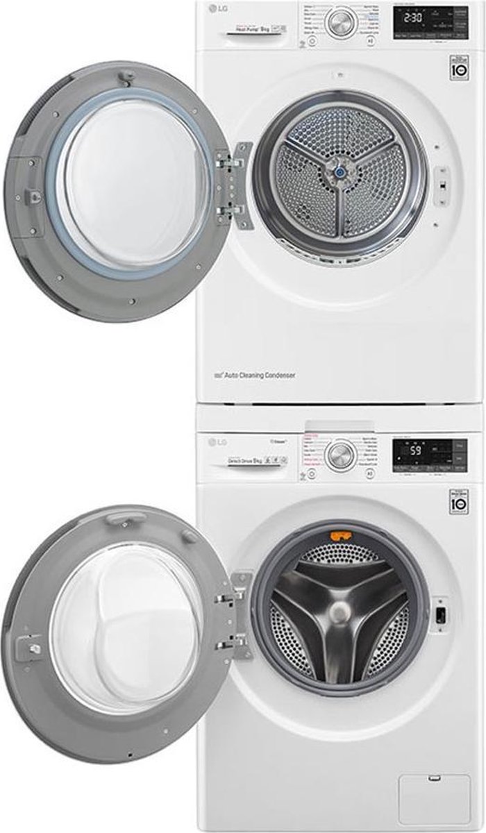 LG DSTWH - Anschluss-Set für Waschmaschine und Trockner, bis 16 kg, kompatibel mit Waschmaschine LG unten 56-61 cm, platzsparend, Weiß