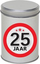 Cadeau/kado zilver rond blik 25 jaar 13 cm - Snoepblikken - Cadeauverpakking voor verjaardag