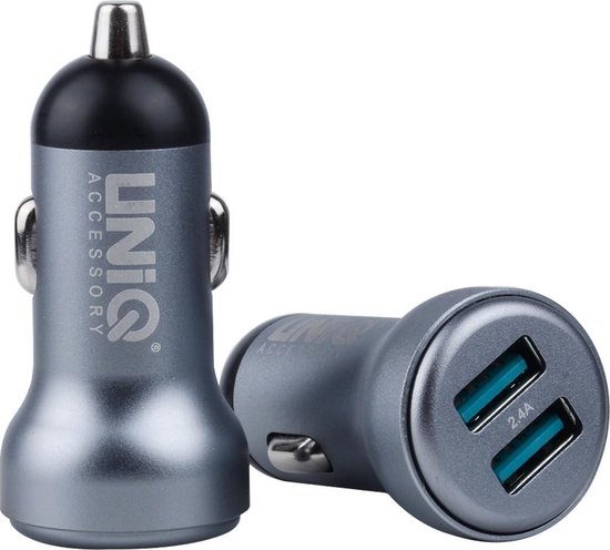 Chargeur Voiture Accessoire UniQ pour Apple Lightning avec 2 x Port USB - Gris - 2,4 A.