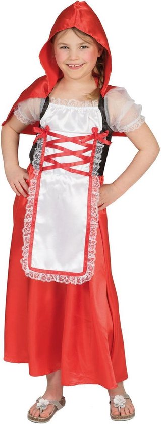 Funny Fashion - Roodkapje Kostuum - Boeren Roodkapje - Meisje - Rood - Maat 128 - Carnavalskleding - Verkleedkleding