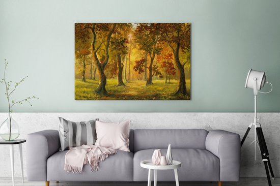 Une illustration d'une forêt au soleil d'automne sur toile 180x120 cm - Tirage photo sur Toile (Décoration murale salon / chambre) / Arbres Peintures sur toile XXL / Groot format!